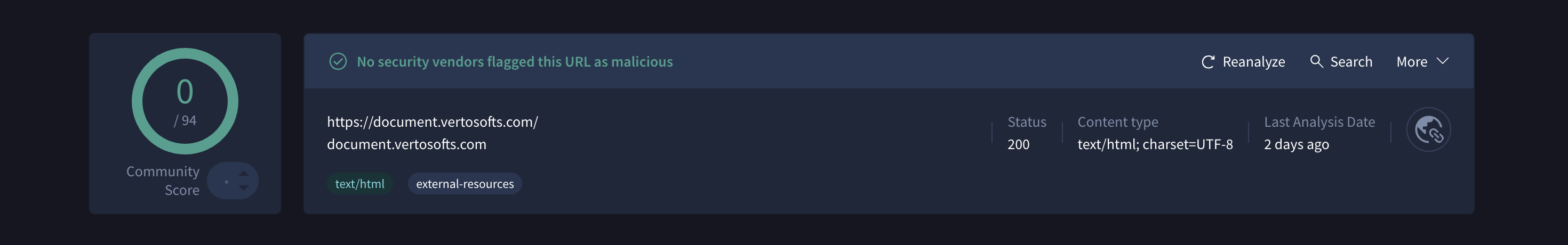 Screenshot: VirusTotal clean scan results for one of the attacks